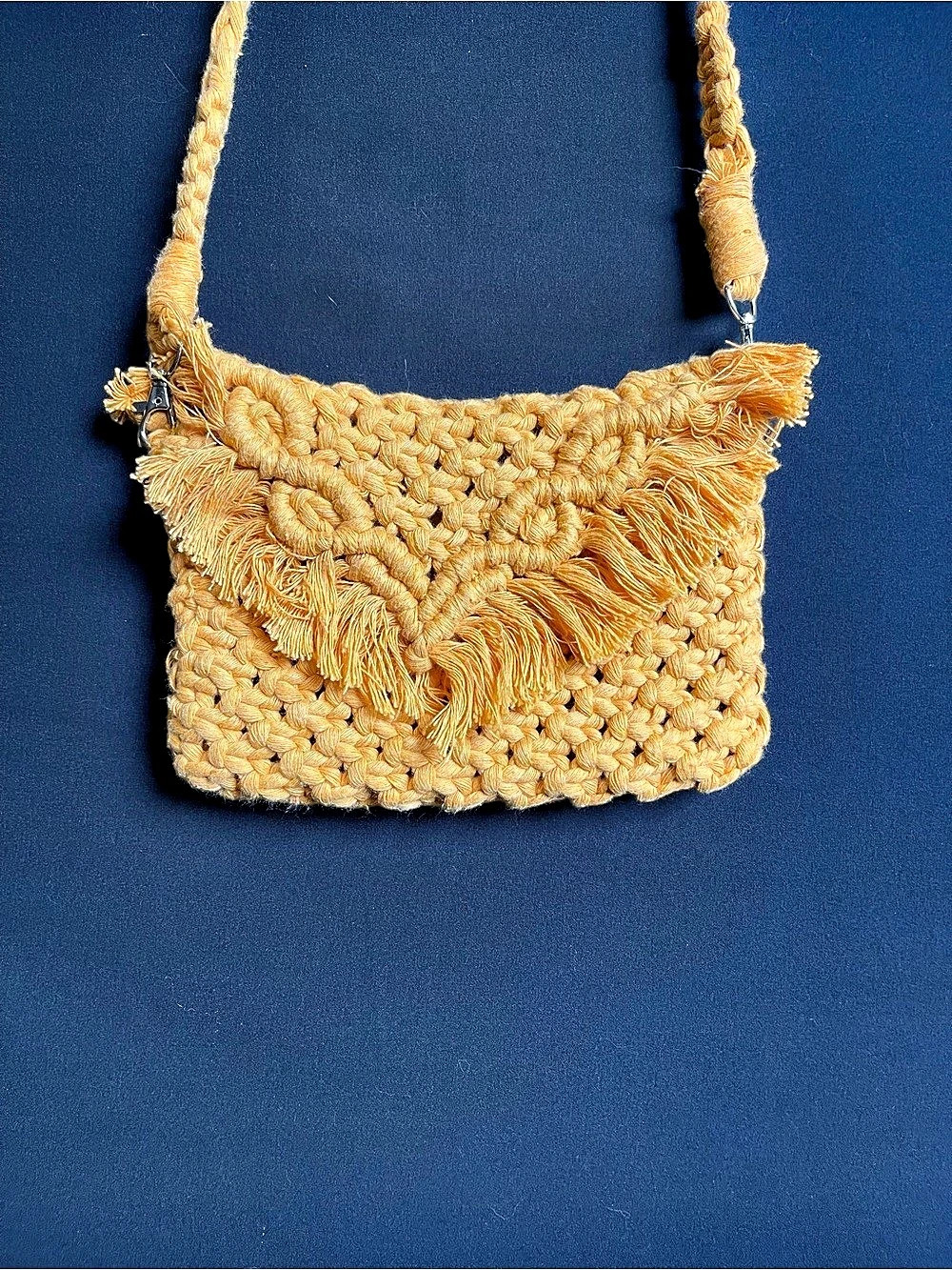 Fringed Crochet Crossbody Bag in Yellow